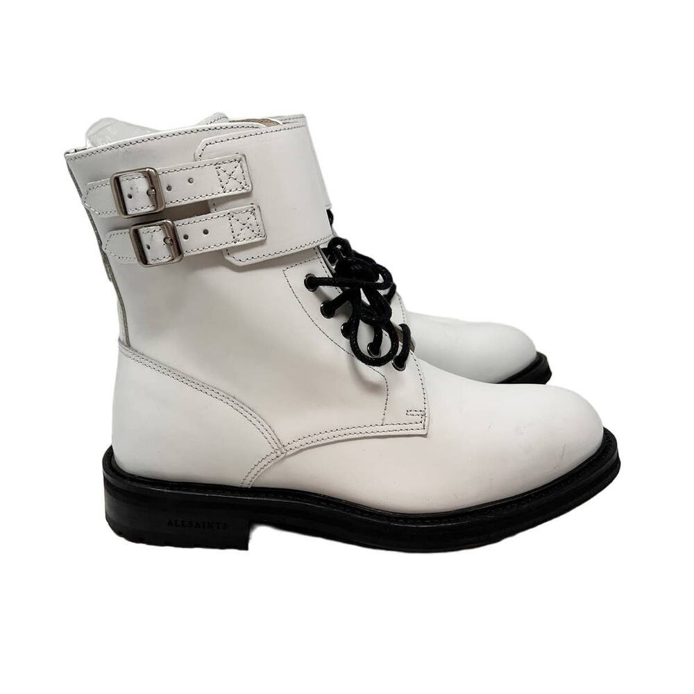 AllSaints Brigade White Leather Combat Buckle Lace Up Ankle Strap Boot EU 36 - Picture 4 of 12